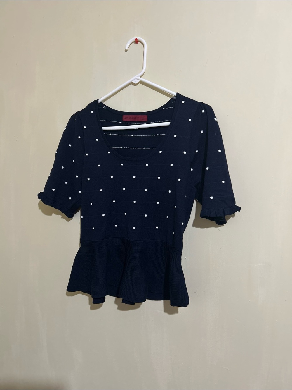 Navy Peplum Knit Top with White Dot Texture